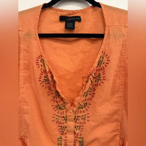 Calvin Klein Orange 100% Cotton Flowy Spring/Summer Shirt, Woman’s XL - Picture 2 of 6